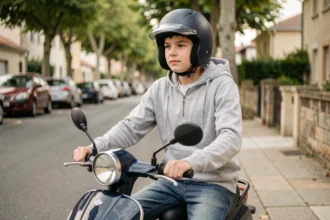 Adolescent de 15 ans en scooter 50cc avec casque dans une rue résidentielle française, illustrant la conduite de scooter sans permis pour ado
