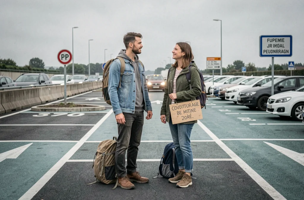 Deux voyageurs attendant leur conducteur de covoiturage dans un parking dédié près d'un échangeur d'autoroute française