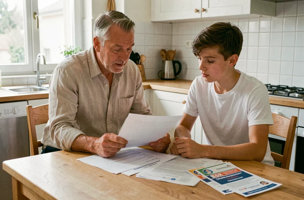 Père et fils adolescent signant une autorisation parentale pour le BSR à la maison, illustrant les démarches pour conduire un scooter sans permis