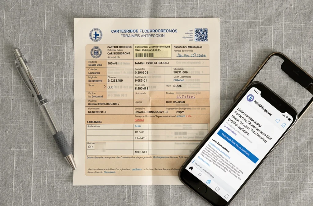 Gros plan sur une carte grise française, un stylo et un smartphone affichant un site gouvernemental