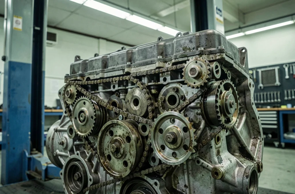 Chaîne de distribution et tendeur d'un moteur BMW six cylindres exposés lors d'une révision atelier