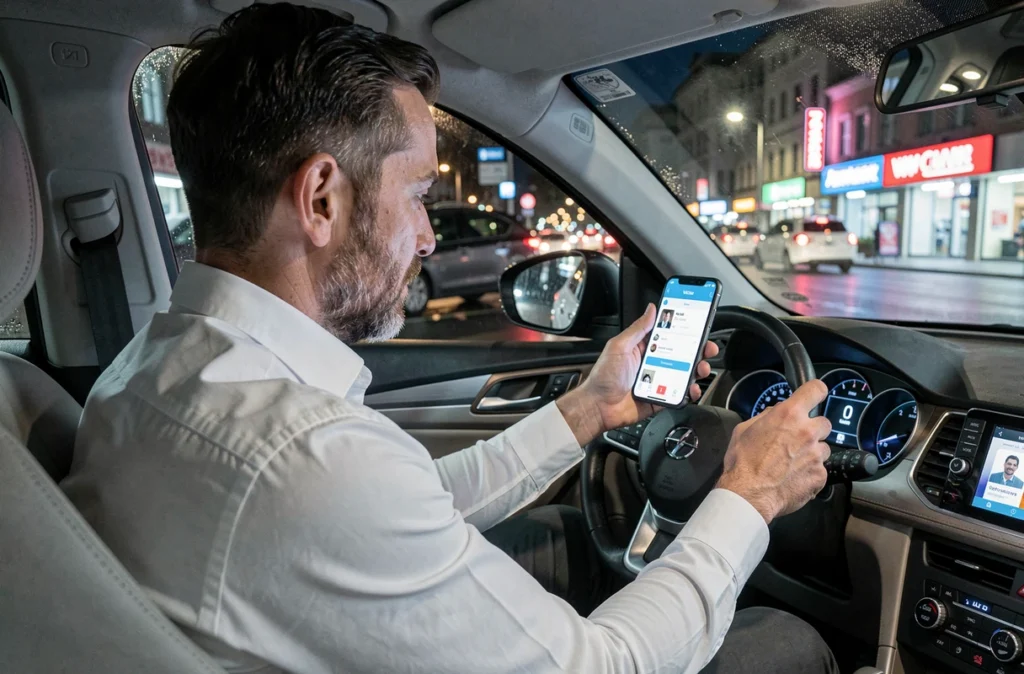 Chauffeur VTC recevant une réservation sur son application mobile depuis l'habitacle de sa voiture la nuit