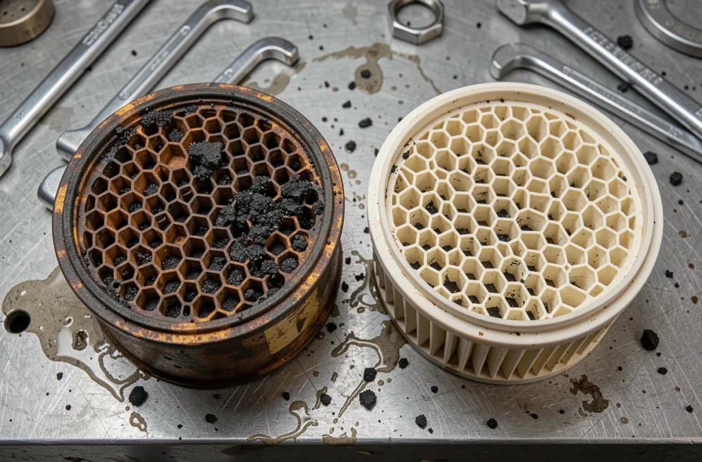 Comparaison entre un filtre à particules FAP encrassé et un filtre propre posés sur un établi de garage