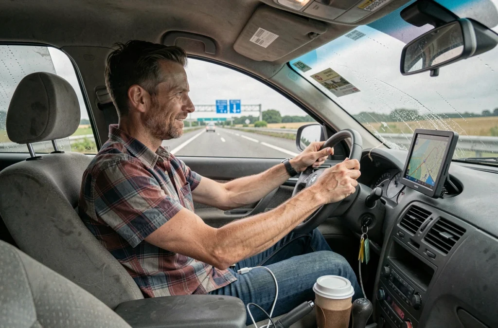 Conducteur au volant sur une autoroute gratuite en France lors d'un road trip à petit budget