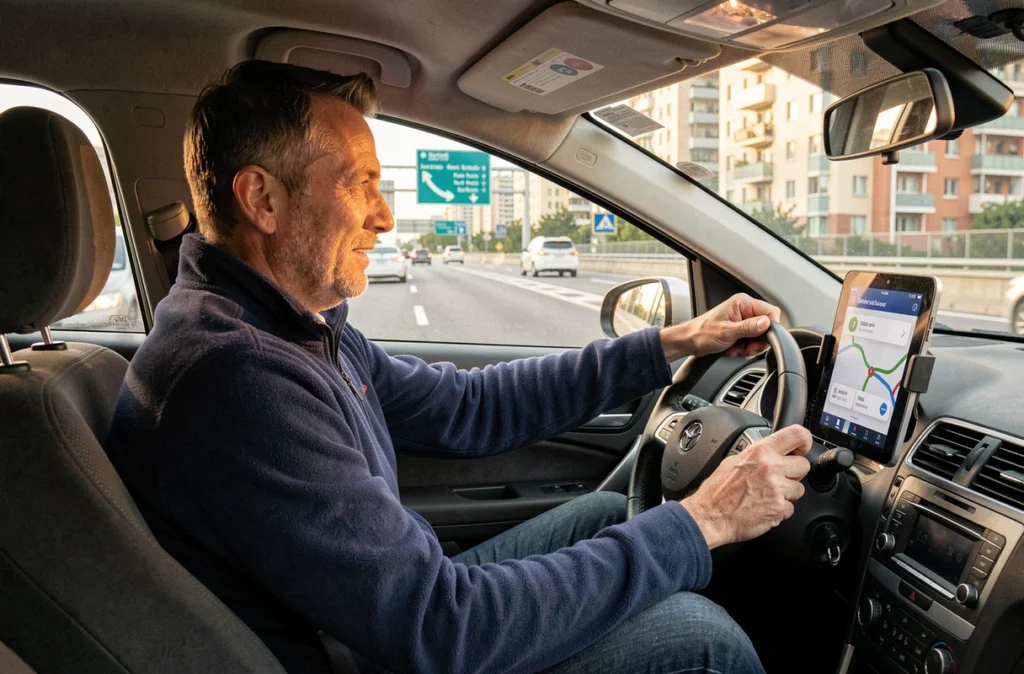 Conducteur de covoiturage sur une autoroute urbaine consultant une application de trajet partagé