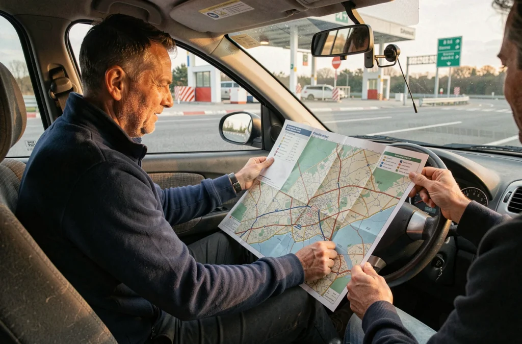 Deux covoitureurs étudiant une carte routière d'autoroute depuis l'intérieur d'une voiture au péage