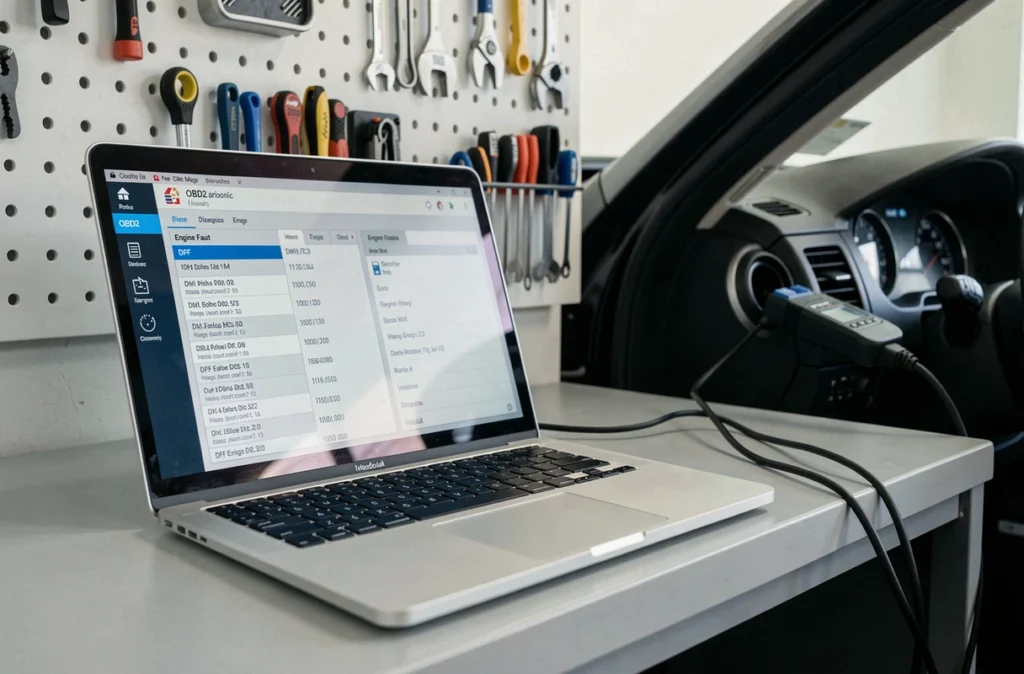 Logiciel de diagnostic OBD2 affichant les codes de défaut liés au filtre à particules FAP sur ordinateur portable