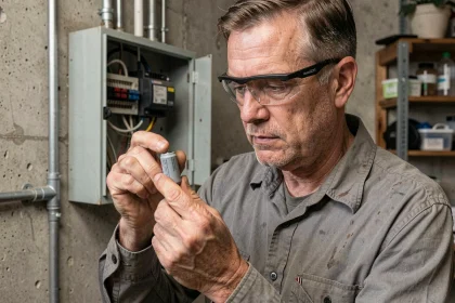 Électricien tenant un condensateur électrique cylindrique lors d'un diagnostic de moteur défaillant