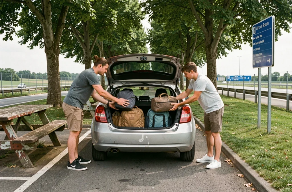 Famille chargeant une voiture dans une aire d'autoroute gratuite en France pendant des vacances économiques