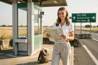 Jeune femme souriante devant un péage gratuit d'autoroute en France lors de vacances petit budget