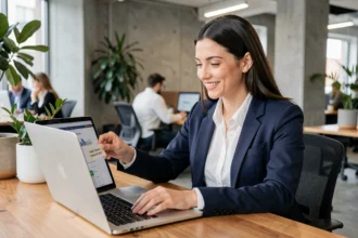 Femme professionnelle ajoutant un site d'actualités drive dans les favoris de son navigateur sur un ordinateur portable au bureau