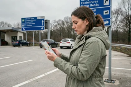 Femme consultant une application de covoiturage sur smartphone dans une aire d'autoroute française