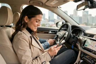 Femme en covoiturage domicile-travail souriante dans un véhicule moderne traversant une grande agglomération