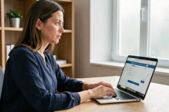 Femme consultant un site de démarches administratives en ligne pour estimer le prix d'une carte grise