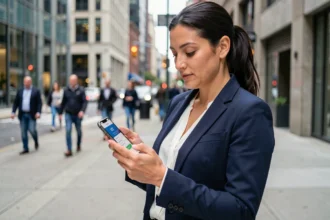 Femme d'affaires réservant un VTC sur son smartphone dans une rue animée de la ville
