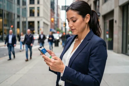 Femme d'affaires réservant un VTC sur son smartphone dans une rue animée de la ville