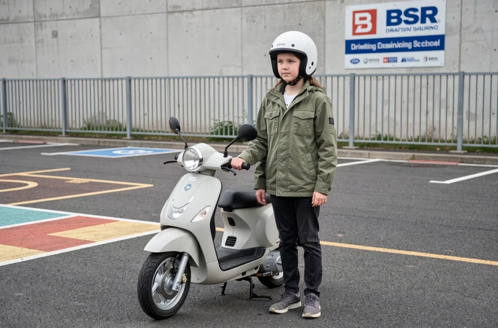 Jeune adolescente avec casque homologué et scooter 50cc dans une auto-école, illustrant la formation BSR pour conduire un scooter sans permis