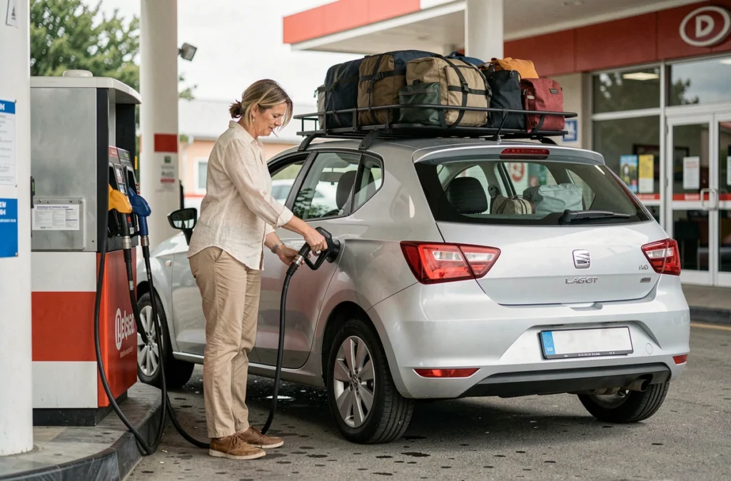Femme gonflant les pneus d'une Seat Ibiza chargée de bagages dans une station-service avant les vacances