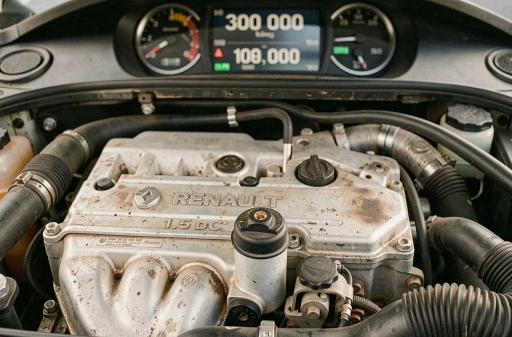 Gros plan sur un moteur 1.5 dCi Renault entretenu avec filtre à huile neuf et compteur à 300 000 km visible