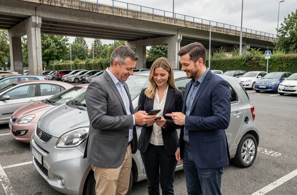 Groupe de collègues organisant un trajet en covoiturage dans un parking relais d'une grande ville française
