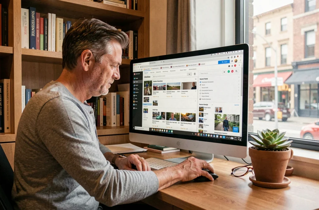 Homme organisant sa veille d'actualités drive avec des favoris classés sur un grand écran de bureau à domicile