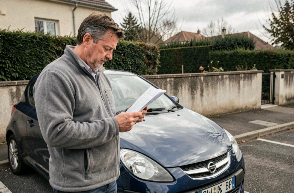 Homme tenant un certificat d'immatriculation devant sa voiture dans un quartier résidentiel