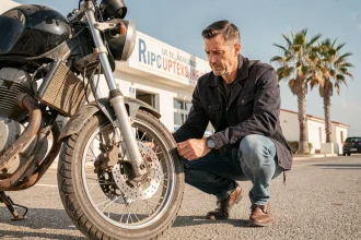 Homme inspectant une moto d'occasion près d'un concessionnaire au Cap d'Agde avant achat