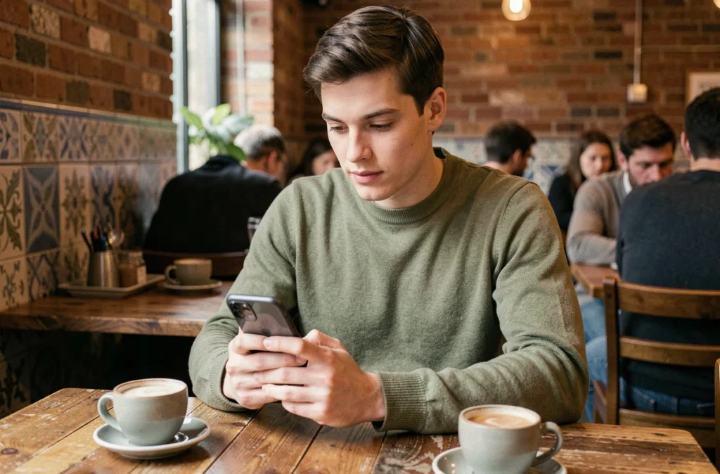 Jeune professionnel enregistrant un site d'actualités drive en favori sur smartphone dans un café moderne