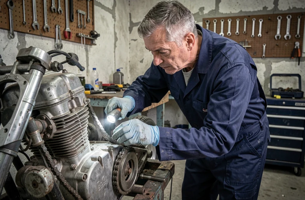 Mécanicien contrôlant le moteur d'une moto d'occasion dans un garage près d'Agde