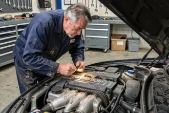 Mécanicien inspectant la chaîne de distribution d'un moteur BMW dans un atelier professionnel