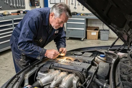 Mécanicien inspectant la chaîne de distribution d'un moteur BMW dans un atelier professionnel