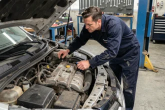 Mécanicien professionnel inspectant un moteur 1.5 dCi Renault dans un atelier automobile indépendant