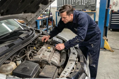 Mécanicien professionnel inspectant un moteur 1.5 dCi Renault dans un atelier automobile indépendant