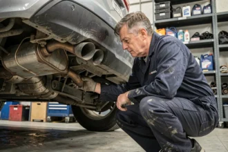 Mécanicien inspectant le filtre à particules sous un véhicule diesel dans un atelier automobile professionnel