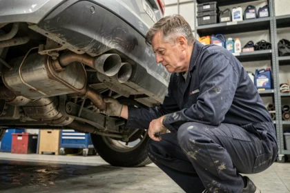Mécanicien inspectant le filtre à particules sous un véhicule diesel dans un atelier automobile professionnel