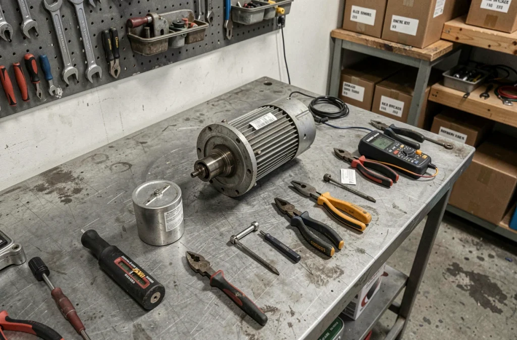 Moteur électrique démonté avec condensateur et outils de réparation sur un établi d'atelier