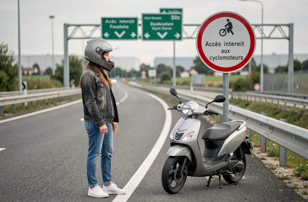 Conductrice de scooter 50cc face à un panneau d'interdiction d'accès à l'autoroute pour les cyclomoteurs