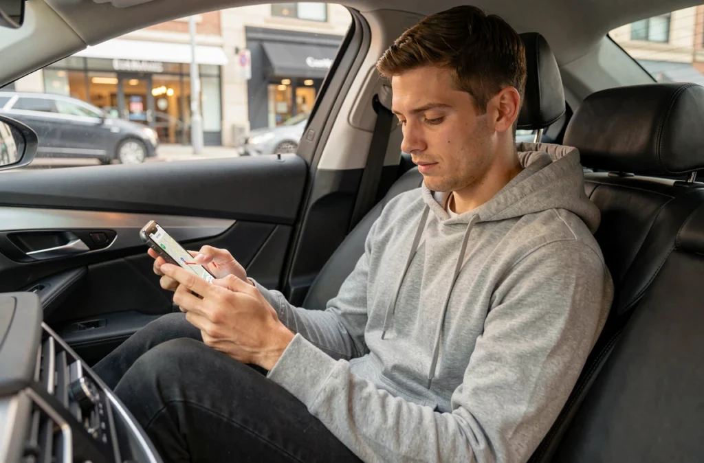 Passager masculin consultant une application VTC sur son téléphone à l'intérieur d'une voiture en ville