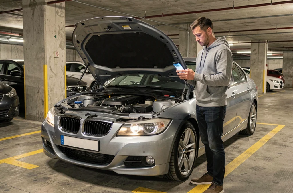 Propriétaire de BMW inquiet devant son capot ouvert dans un parking souterrain consultant un devis de réparation