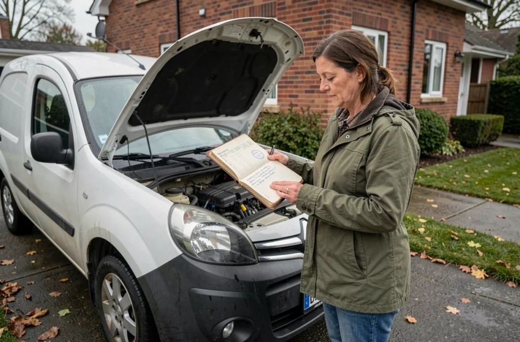 Propriétaire consultant le carnet d'entretien de sa Renault Kangoo 1.5 dCi dans une allée résidentielle