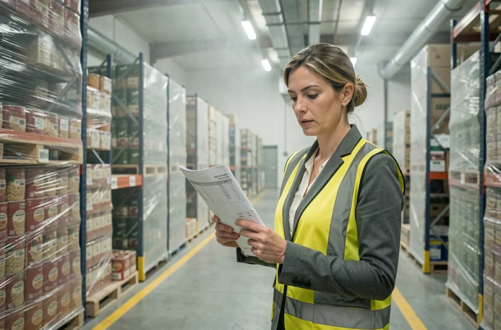 Responsable logistique féminine supervisant des palettes alimentaires dans un entrepôt frigorifique