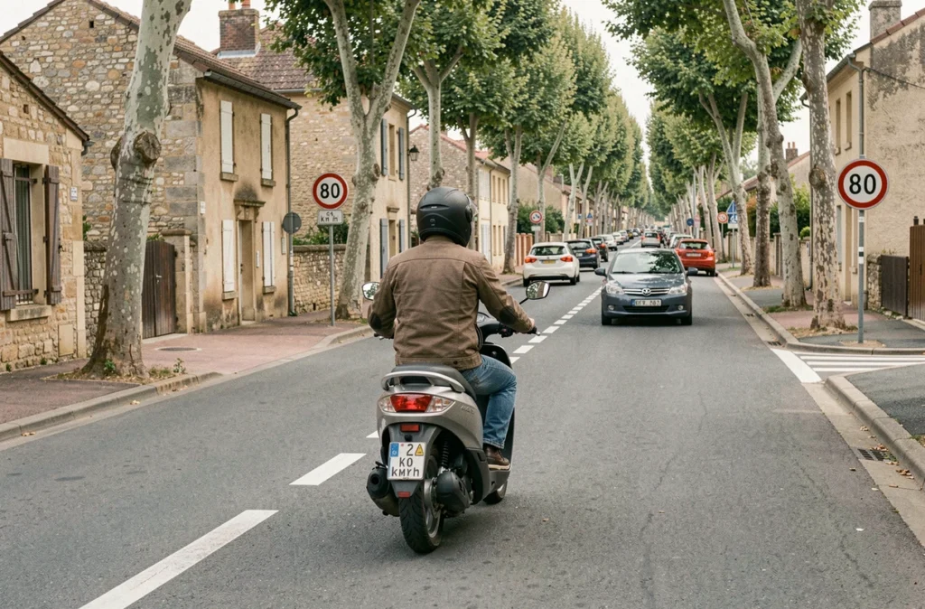 Scooter 125cc empruntant une route nationale comme alternative à l'autoroute, traversant un village français