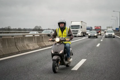 Scooter peu puissant sur une autoroute française entouré de poids lourds, illustrant le danger pour les deux-roues de faible cylindrée