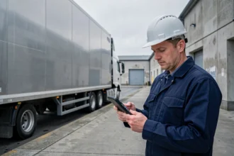 Technicien logistique vérifiant la température d'un camion frigorifique moderne à quai de chargement