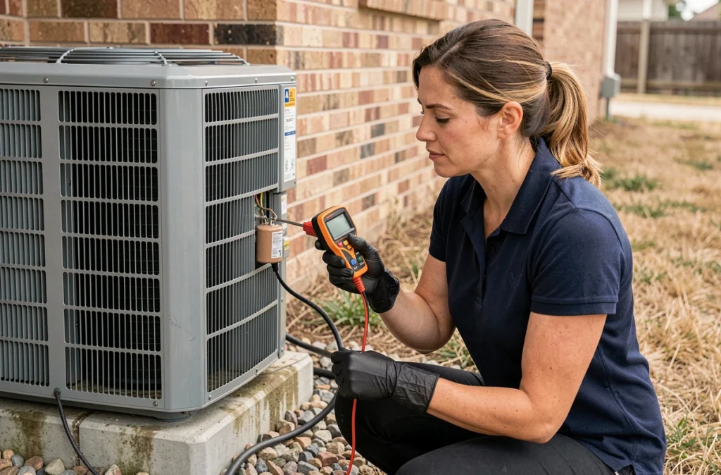 Technicienne testant un condensateur gonflé sur un compresseur de climatisation extérieur avec un multimètre
