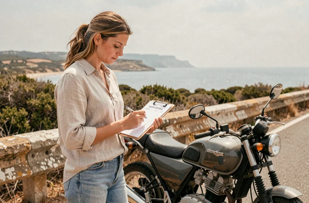 Femme vérifiant une liste de contrôle avant l'achat d'une moto d'occasion sur la route côtière du Cap d'Agde