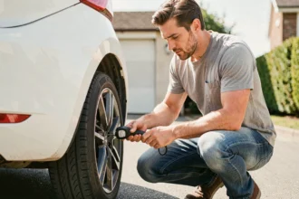 Homme vérifiant la pression des pneus d'une Seat Ibiza blanche avec un manomètre avant un départ en vacances