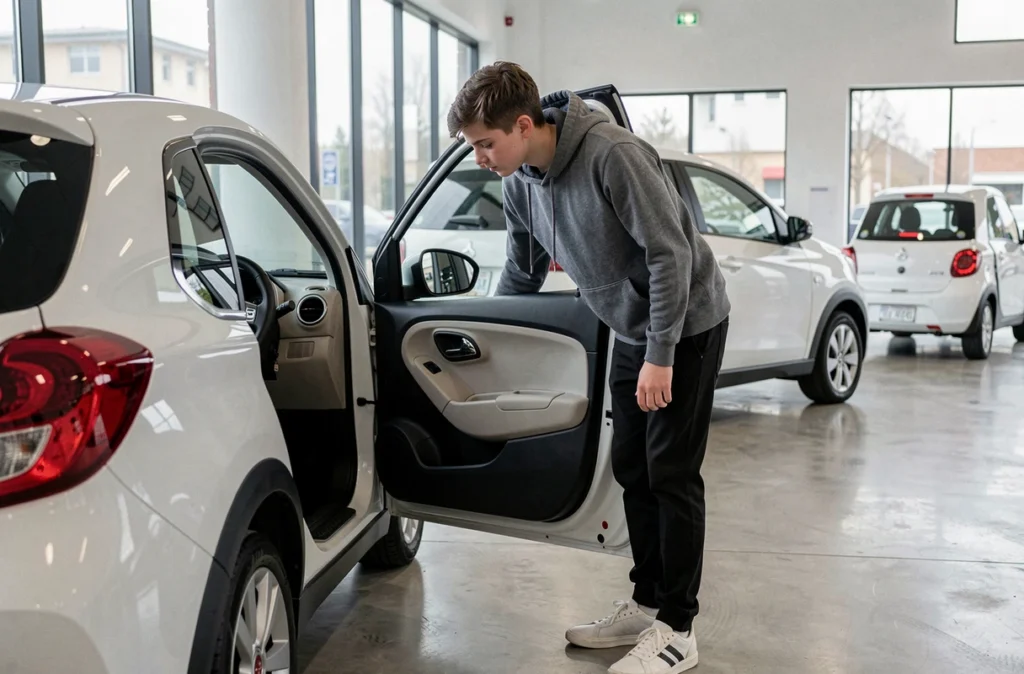Adolescent inspectant une voiture sans permis dans un showroom de concessionnaire automobile