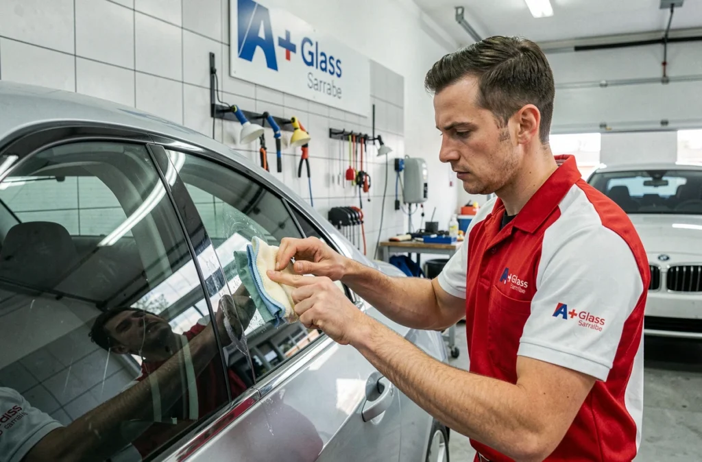 Technicien vitrage finalisant la réparation d'une vitre automobile dans l'atelier A+Glass de Sarralbe