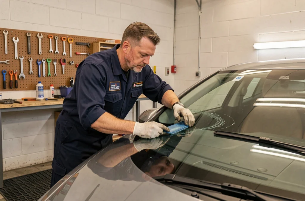 Technicien en vitrage automobile remplaçant un pare-brise dans le garage A+Glass de Sarre-Union